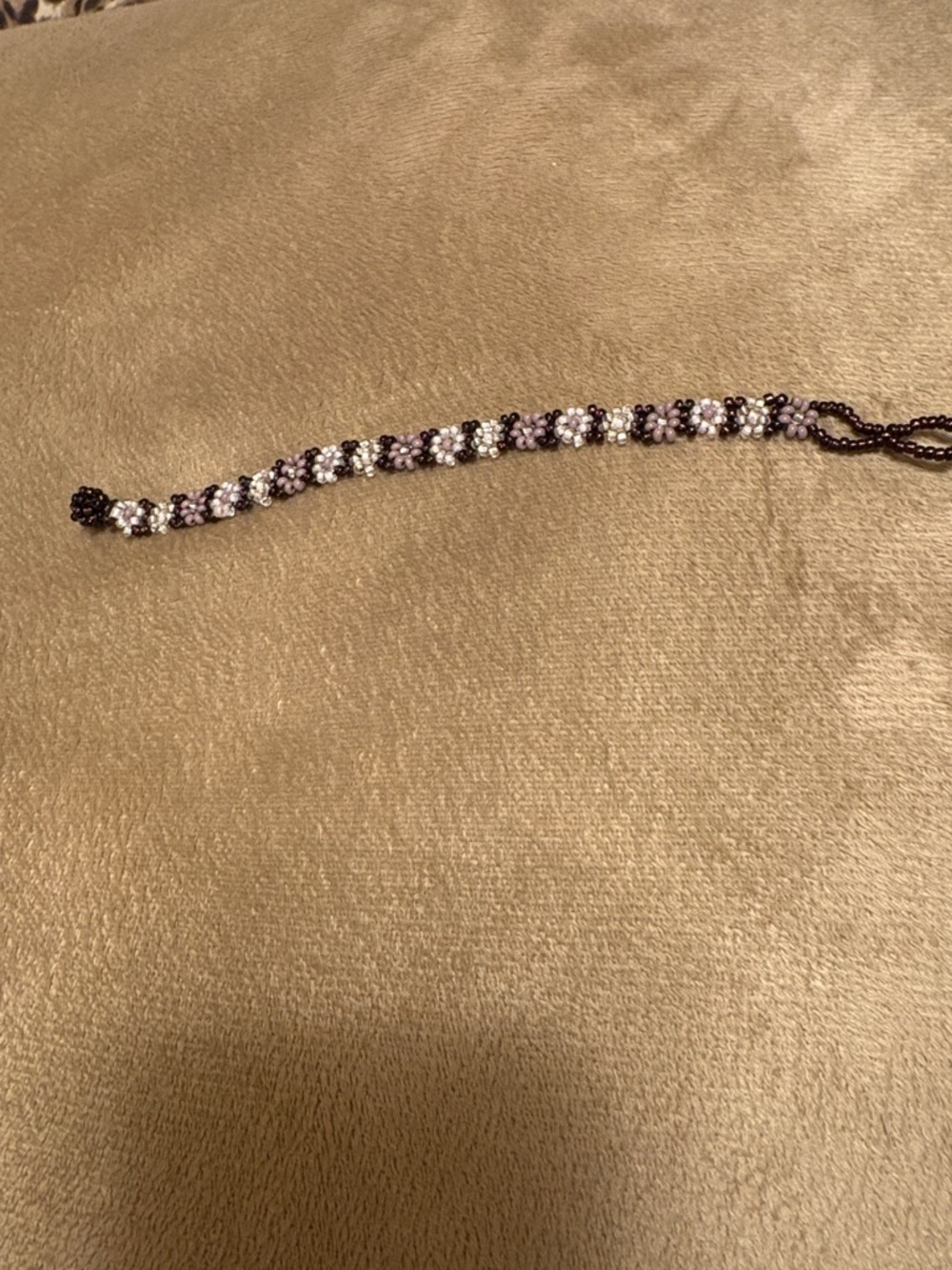 Handmade Beaded Bracelet in Purple, White, and Brown